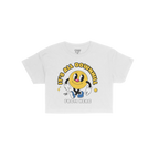 Downhill Women's Baby Tee featuring a retro smiley-face character striding with the phrase It's All Downhill From Here, highl