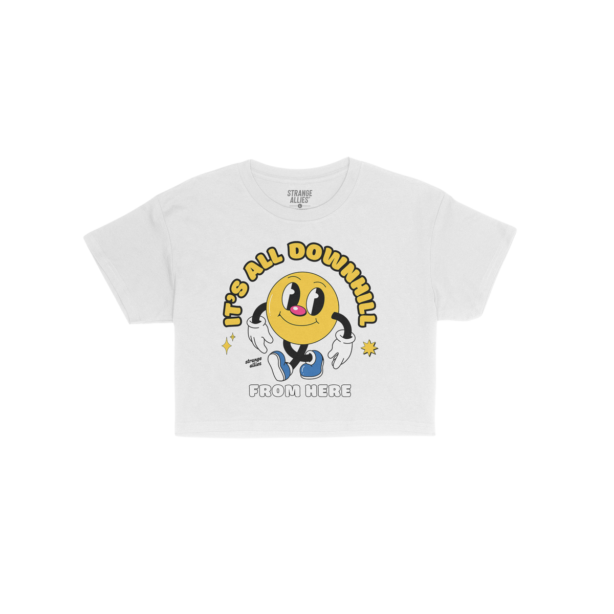 Downhill Women's Baby Tee featuring a retro smiley-face character striding with the phrase It's All Downhill From Here, highl