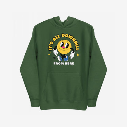 Downhill Hoodie & Sweatshirt featuring a cartoonish yellow circle character with a slogan “IT’S ALL DOWNHILL FROM HERE.” Ideal for realists seeking comfort with a playful, nostalgic design.