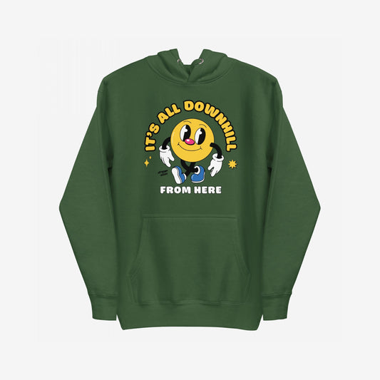 Downhill Hoodie & Sweatshirt featuring a cartoonish yellow circle character with a slogan “IT’S ALL DOWNHILL FROM HERE.” Ideal for realists seeking comfort with a playful, nostalgic design.