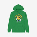 Green pullover hoodie featuring the Downhill Shirt design: a playful yellow smiley-face cartoon with IT’S ALL DOWNHILL and FROM HERE slogans, embodying comfortable cynicism and supporting NAMI.