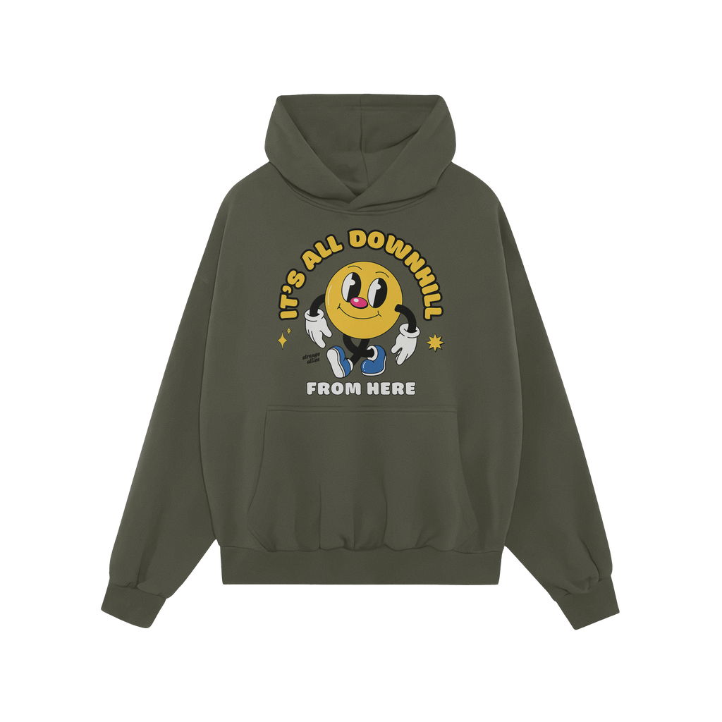 Green pullover hoodie featuring the Downhill Shirt design: a playful yellow smiley-face cartoon with IT’S ALL DOWNHILL and 