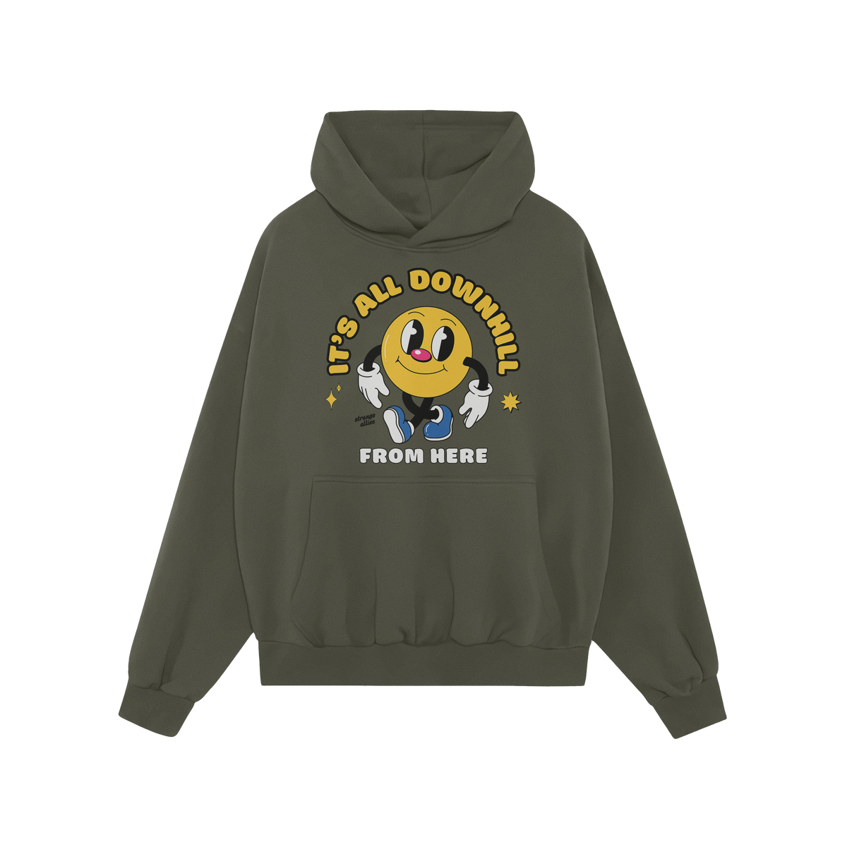Green pullover hoodie featuring the Downhill Shirt design: a playful yellow smiley-face cartoon with IT’S ALL DOWNHILL and 