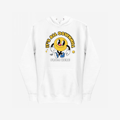 Downhill Hoodie & Sweatshirt features a cartoon-style yellow smiley with arms and blue shoes, surrounded by sparkles. Slogan reads “It’s All Downhill From Here,” embodying a playful, realistic outlook.