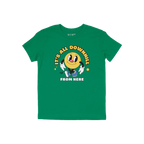 Downhill Shirt features a cheerful vintage-cartoon smiley with “IT’S ALL DOWNHILL FROM HERE” text, embodying a playful