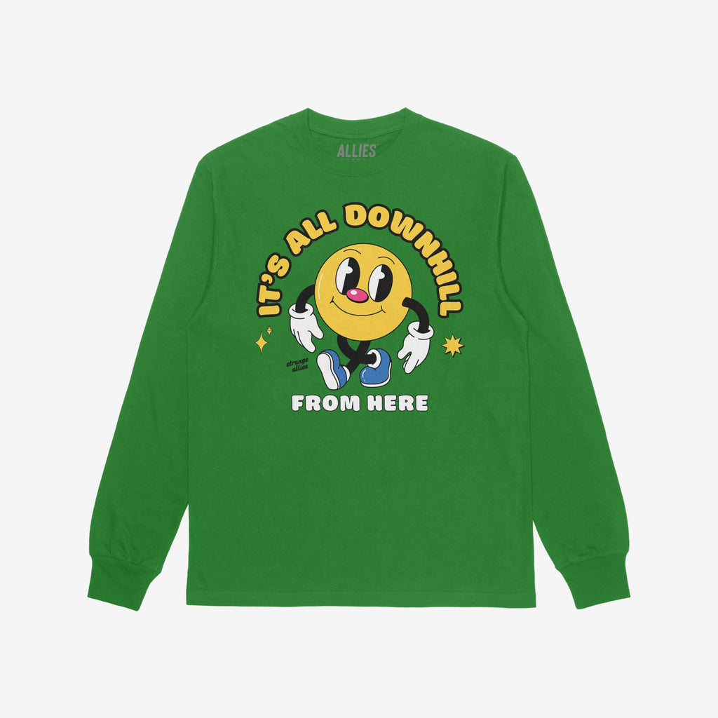 Downhill Shirt features a retro-style smiley-face character with gloves and sneakers, surrounded by IT’S ALL DOWNHILL FROM HERE. A playful nod to life's challenges, supporting NAMI.