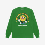 Downhill Shirt features a retro-style smiley-face character with gloves and sneakers, surrounded by IT’S ALL DOWNHILL FROM HERE. A playful nod to life's challenges, supporting NAMI.