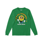 Downhill Shirt features a retro-style smiley-face character with gloves and sneakers, surrounded by IT’S ALL DOWNHILL FROM 