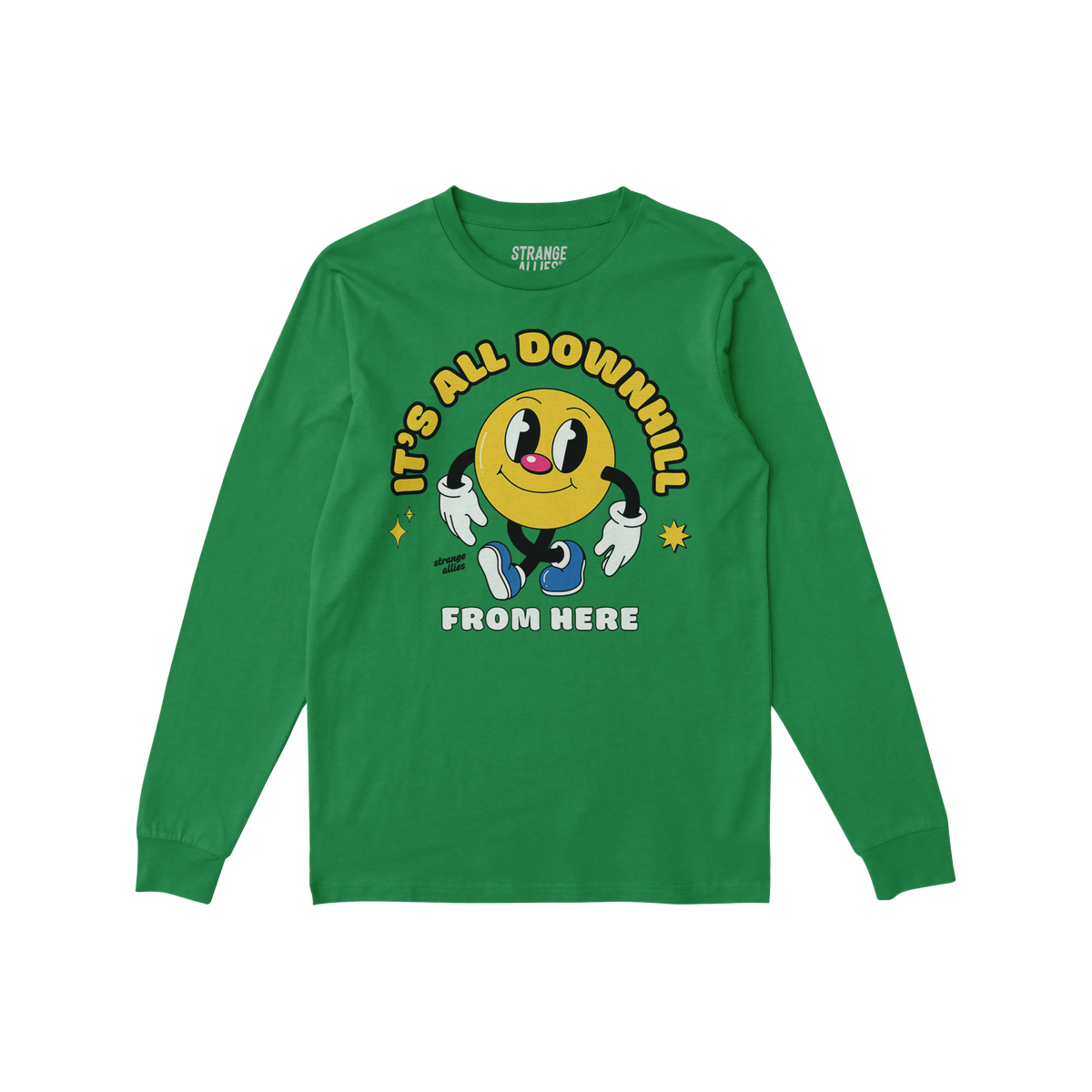 Downhill Shirt features a retro-style smiley-face character with gloves and sneakers, surrounded by IT’S ALL DOWNHILL FROM 