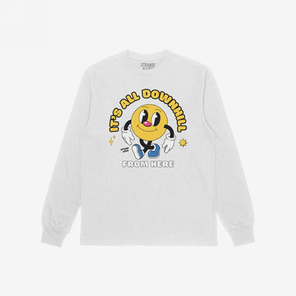 Downhill T-shirt featuring a retro cartoon of a smiling face with gloved hands and blue-soled sneakers, under the slogan IT’S ALL DOWNHILL FROM HERE. Includes strange allies label.