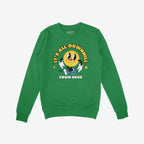 The Downhill Shirt features a cartoon smiley-face with sneakers and gloves, surrounded by “IT’S ALL DOWNHILL FROM HERE,” capturing a playful, sarcastic vibe. Supports NAMI, embracing life’s challenges humorously.