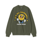 The Downhill Shirt features a cartoon smiley-face with sneakers and gloves, surrounded by “IT’S ALL DOWNHILL FROM HERE,��