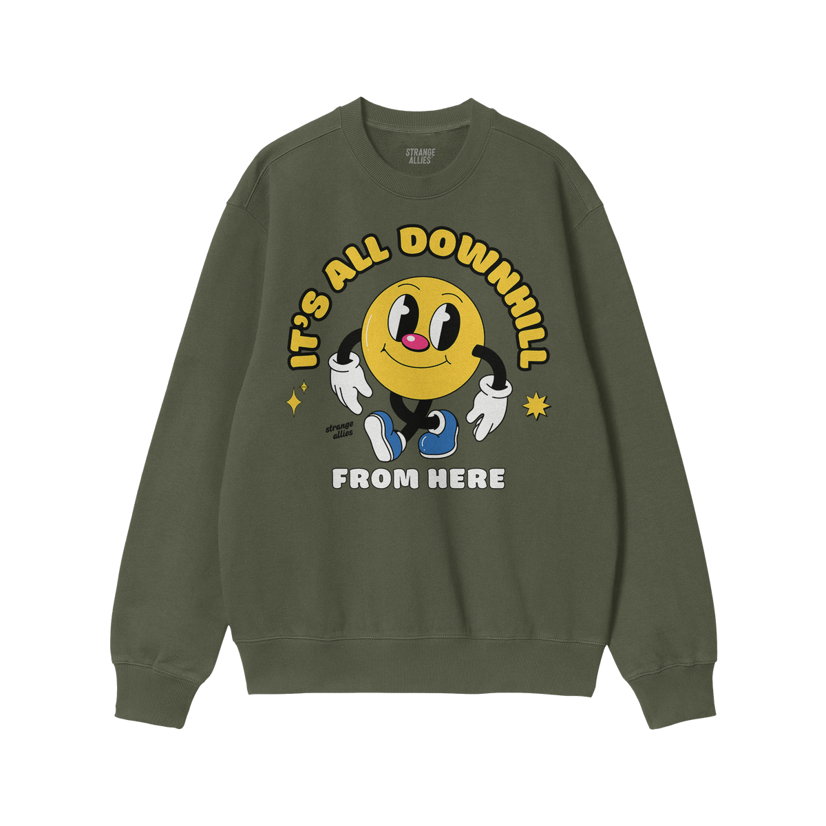 The Downhill Shirt features a cartoon smiley-face with sneakers and gloves, surrounded by “IT’S ALL DOWNHILL FROM HERE,��