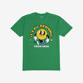 Downhill Shirt: A green T-shirt featuring a retro-cartoon, yellow smiley-face character with gloves and sneakers. Bold text above and below reads IT’S ALL DOWNHILL FROM HERE, offering playful, vintage-inspired sarcasm.