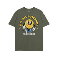 Downhill Shirt: A green T-shirt featuring a retro-cartoon, yellow smiley-face character with gloves and sneakers. Bold text a