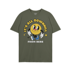 Downhill Shirt: A green T-shirt featuring a retro-cartoon, yellow smiley-face character with gloves and sneakers. Bold text a