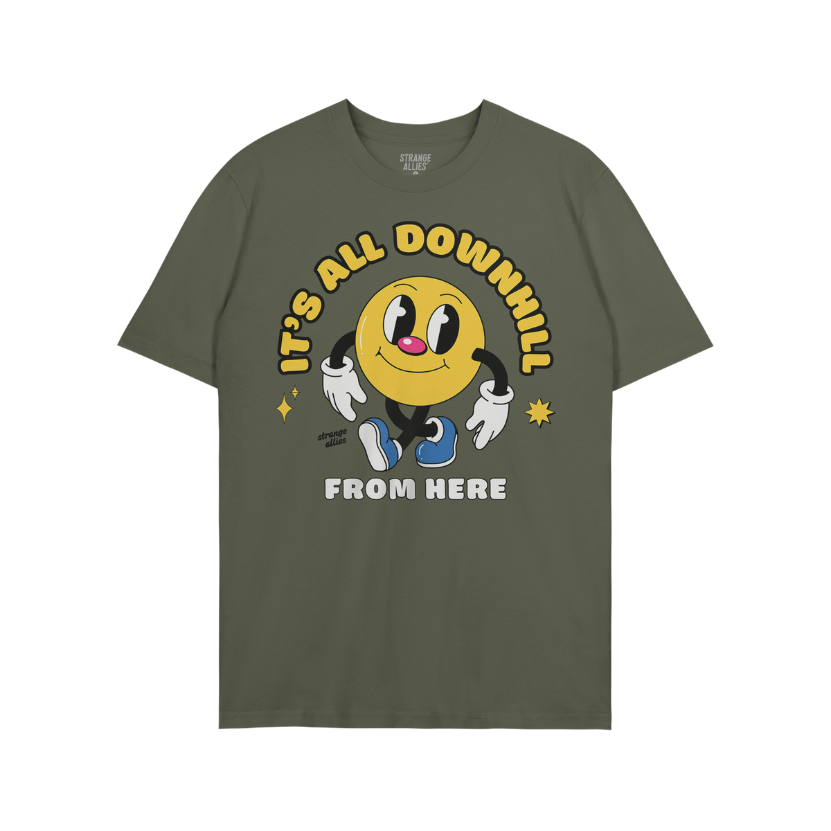 Downhill Shirt: A green T-shirt featuring a retro-cartoon, yellow smiley-face character with gloves and sneakers. Bold text a