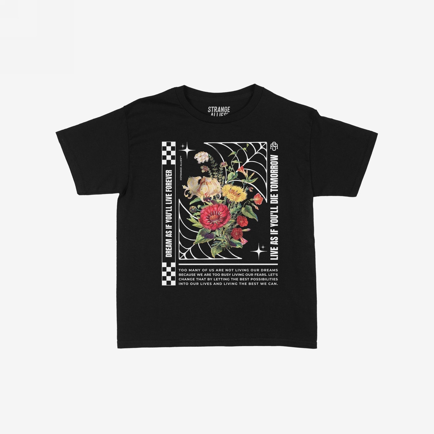 The Dreams Women's Baby Tee features a floral spider-web design with motivational slogans and checkerboard accents, embodying bold expression and existential reflection. Ideal for questioning life choices and embracing possibilities.