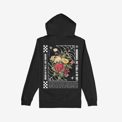 Dreams Hoodie back view, featuring a vibrant flower bouquet within a white spider-web design, motivational text, and cosmic icons, embodying resilience and defiance against fear.
