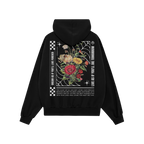 Dreams Hoodie back view, featuring a vibrant flower bouquet within a white spider-web design, motivational text, and cosmic i