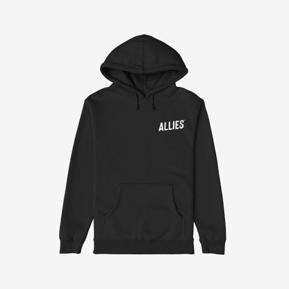 Black pullover Dreams Hoodie featuring ALLIES text on the chest. Designed for misfits with ambition, it has a kangaroo pocket and drawstring hood, embodying bold defiance and resilience.