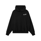 Black pullover Dreams Hoodie featuring ALLIES text on the chest. Designed for misfits with ambition, it has a kangaroo pocket