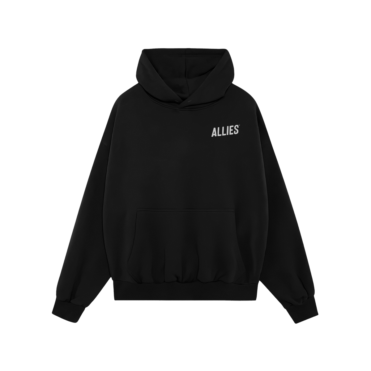 Black pullover Dreams Hoodie featuring ALLIES text on the chest. Designed for misfits with ambition, it has a kangaroo pocket