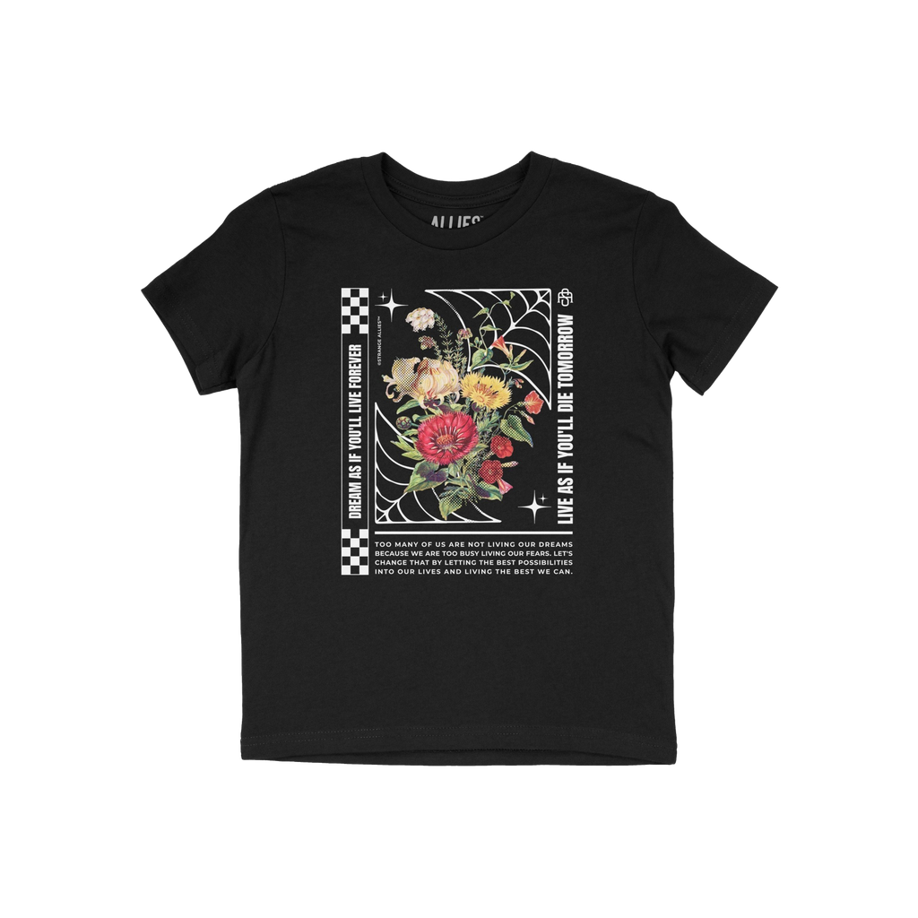 The Dreams T-shirt features vibrant vintage-style florals, a spider-web motif, and slogans encouraging bold living, embodying