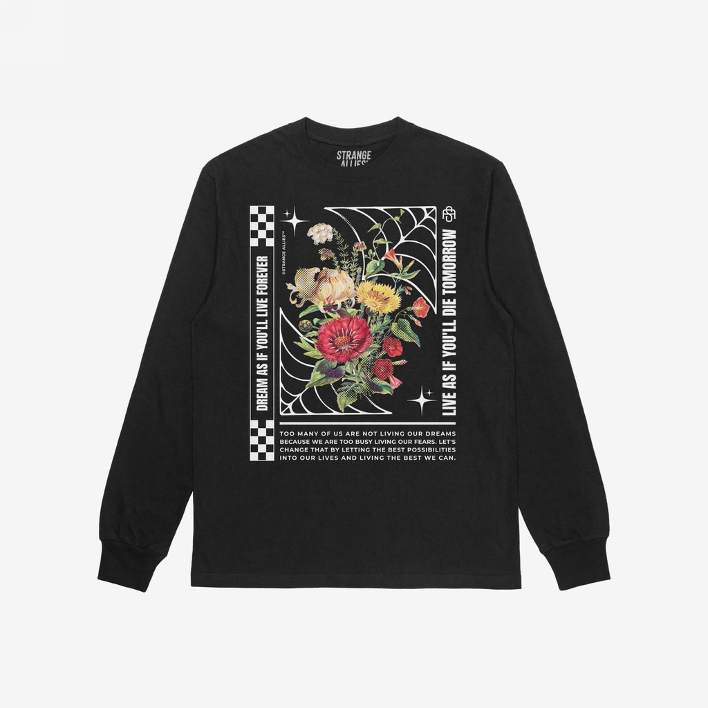 Dreams T-shirt featuring a vibrant floral graphic within a spider-web frame, with motivational text and decorative motifs, ideal for optimists seeking to embrace life courageously and creatively.