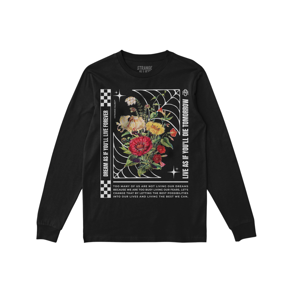 Dreams T-shirt featuring a vibrant floral graphic within a spider-web frame, with motivational text and decorative motifs, id