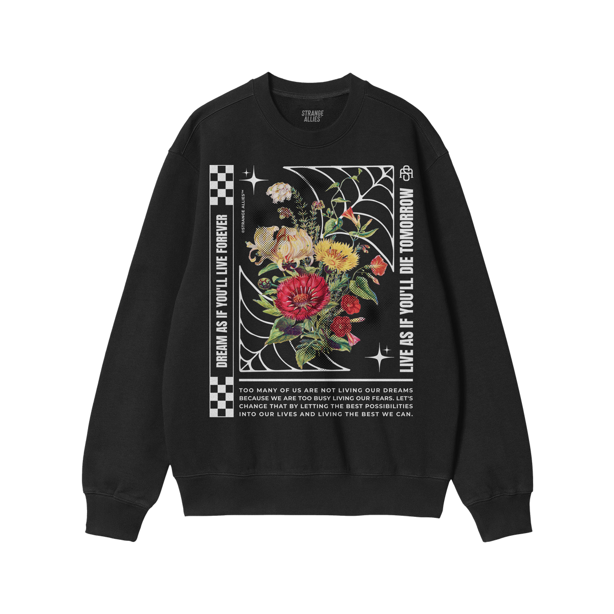 The Dreams sweatshirt features vintage floral graphics, checkerboard, spider-web, and star motifs, with the slogans “DREAM 