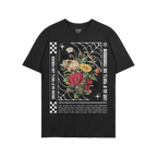 Dreams T-shirt with vibrant flowers and a white spider-web design, featuring motivational quotes urging bold living and dream
