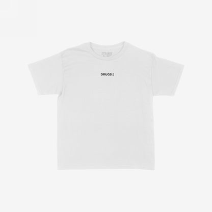 Drugs Women's Baby Tee featuring “DRUGS ;)” text on the chest, with subtle branding “STRANGE ALLIES” inside the collar, embodying a minimalist yet bold statement for casual, statement-making wear.