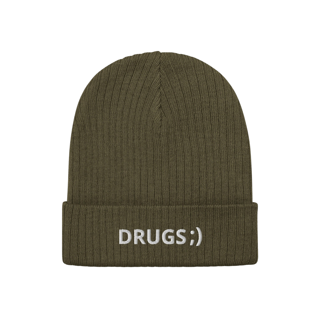 Olive-green rib-knit beanie with DRUGS;) embroidered in white on the cuff, capturing the bold, ironic statement of the Drugs 