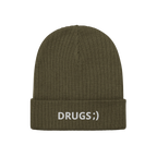 Olive-green rib-knit beanie with DRUGS;) embroidered in white on the cuff, capturing the bold, ironic statement of the Drugs 