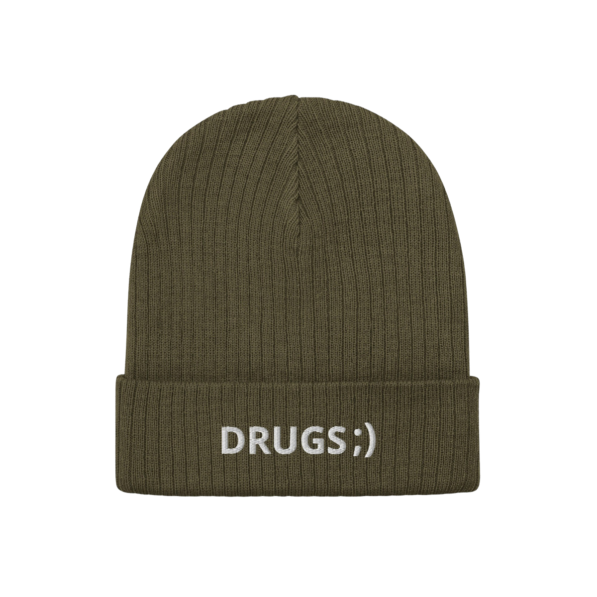 Olive-green rib-knit beanie with DRUGS;) embroidered in white on the cuff, capturing the bold, ironic statement of the Drugs 
