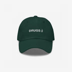 Dark green DRUGS ;) dad hat with white embroidery, embodying bold irony and minimalist flair. Ideal for casual or edgy looks, adding a conversational touch to any outfit.