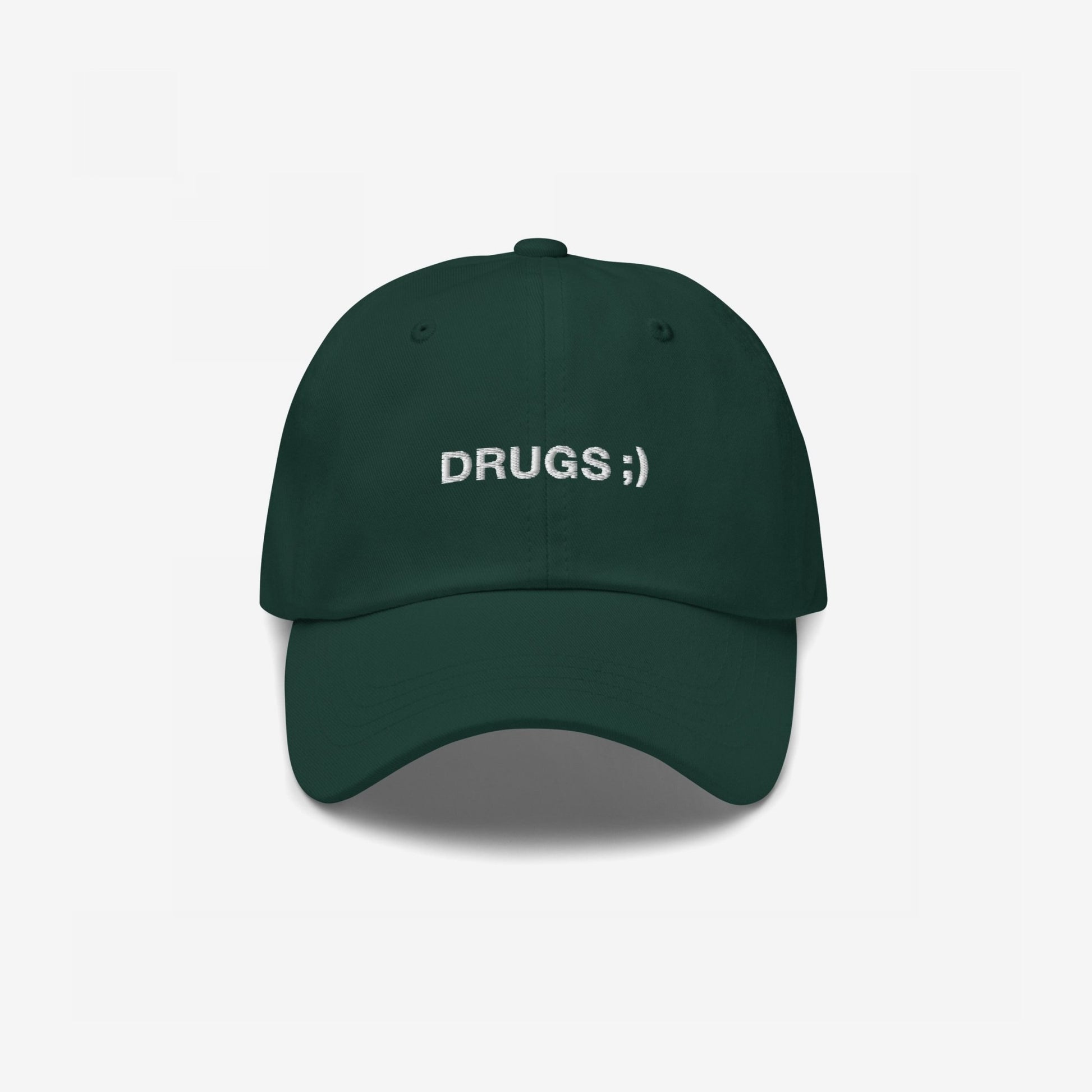 Dark green DRUGS ;) dad hat with white embroidery, embodying bold irony and minimalist flair. Ideal for casual or edgy looks, adding a conversational touch to any outfit.