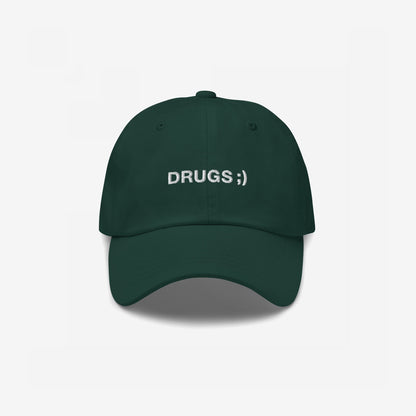 Dark green DRUGS ;) dad hat with white embroidery, embodying bold irony and minimalist flair. Ideal for casual or edgy looks, adding a conversational touch to any outfit.