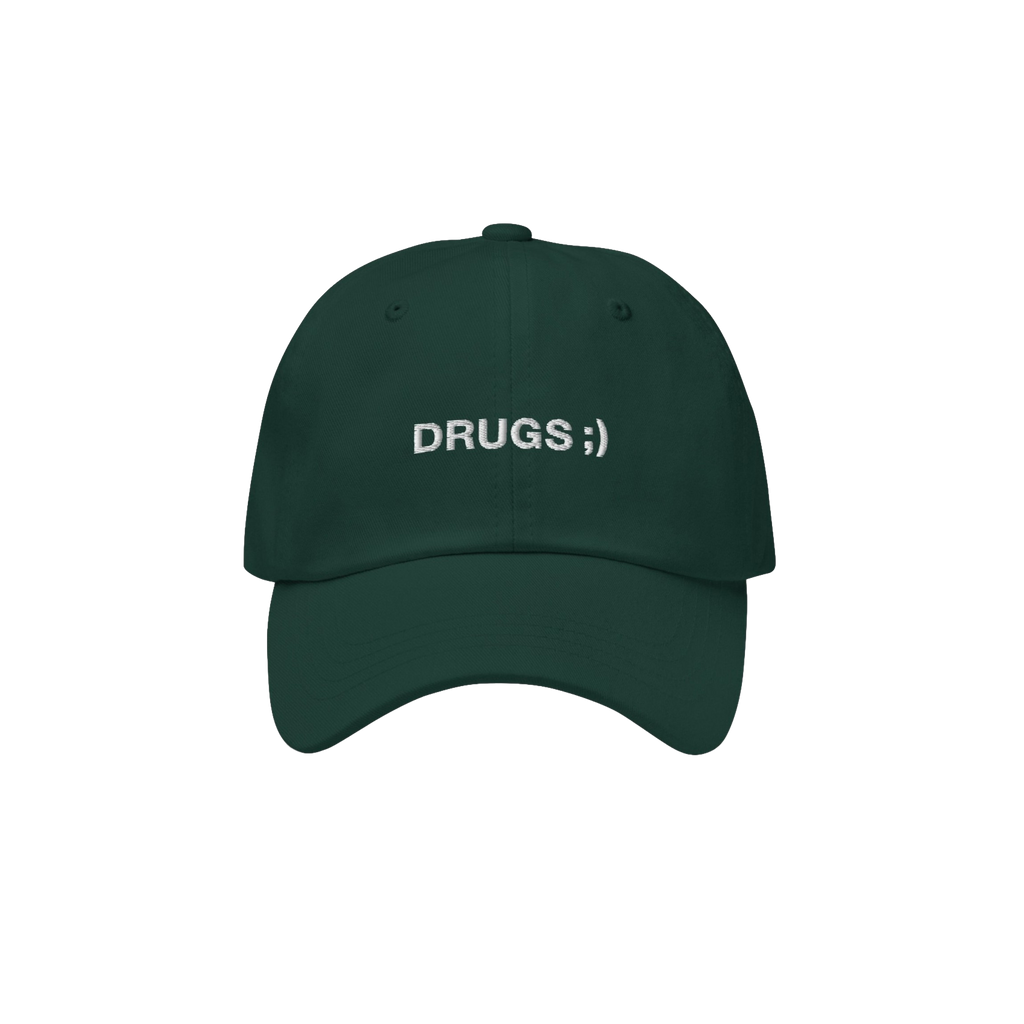 Dark green DRUGS ;) dad hat with white embroidery, embodying bold irony and minimalist flair. Ideal for casual or edgy looks,