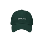 Dark green DRUGS ;) dad hat with white embroidery, embodying bold irony and minimalist flair. Ideal for casual or edgy looks,
