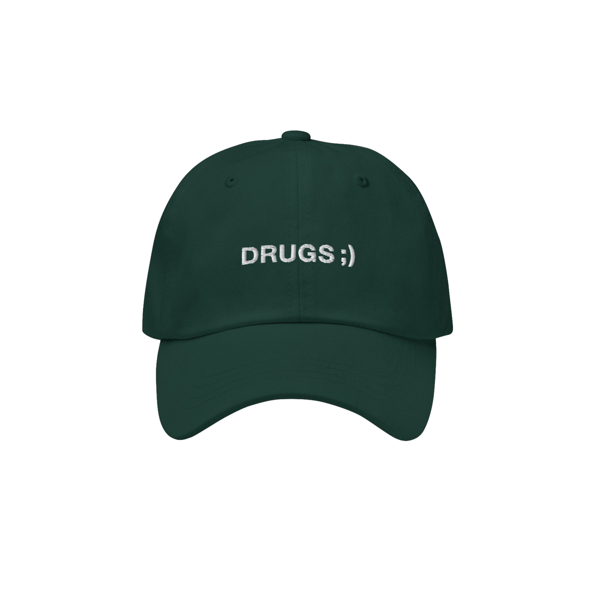 Dark green DRUGS ;) dad hat with white embroidery, embodying bold irony and minimalist flair. Ideal for casual or edgy looks,