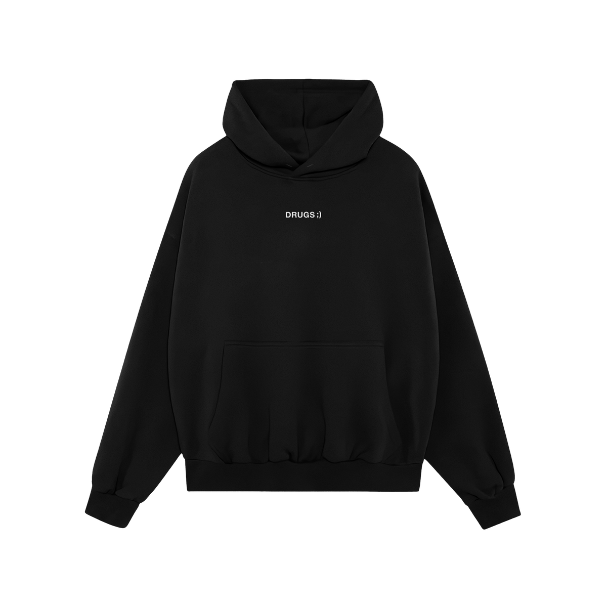 Drugs Hoodie & Sweatshirt: A black pullover hoodie with a drawstring hood and kangaroo pocket, featuring “DRUGS ;)” in wh