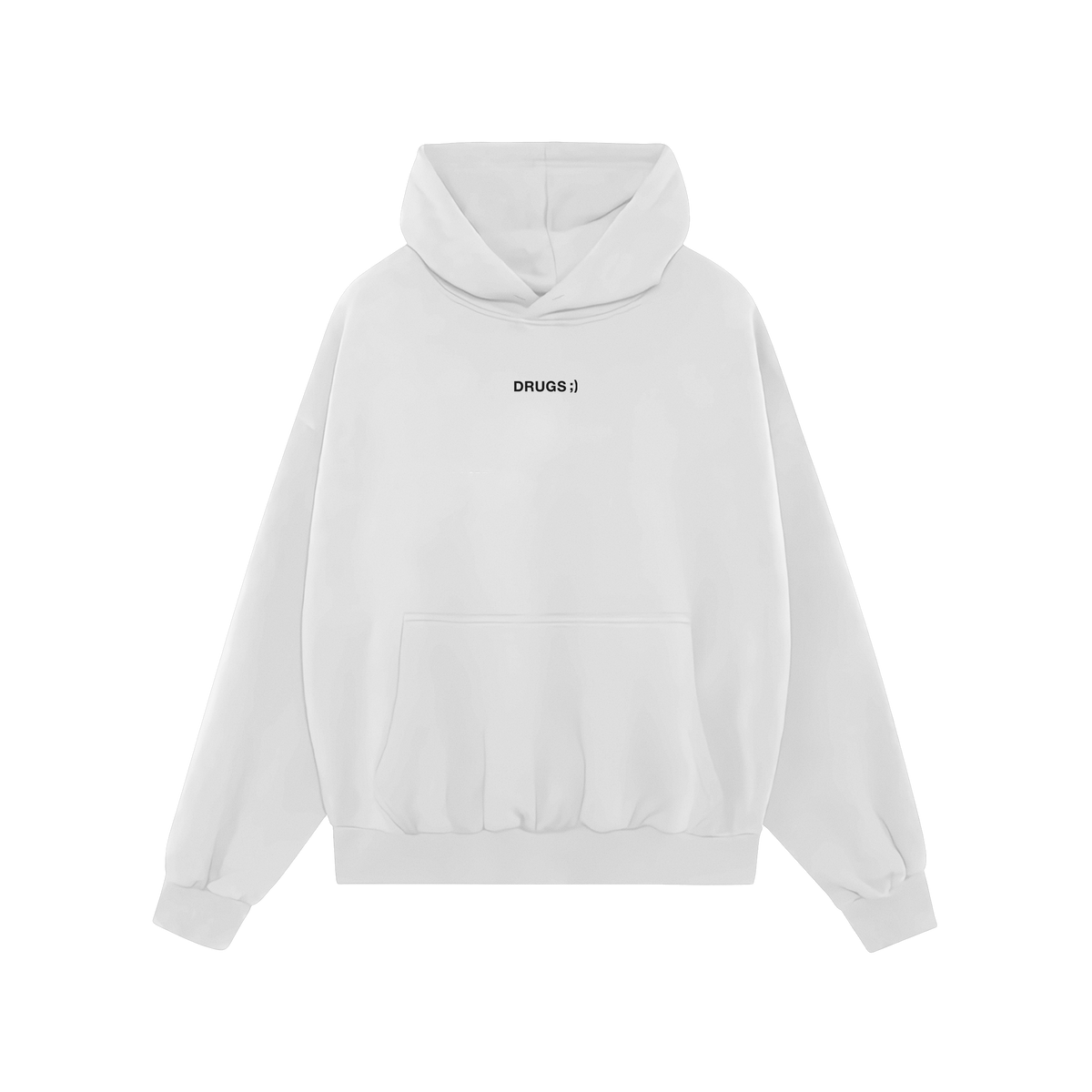 Drugs Hoodie & Sweatshirt featuring DRUGS ;) text on a plain white hoodie with a kangaroo pocket and drawstrings, embodying b