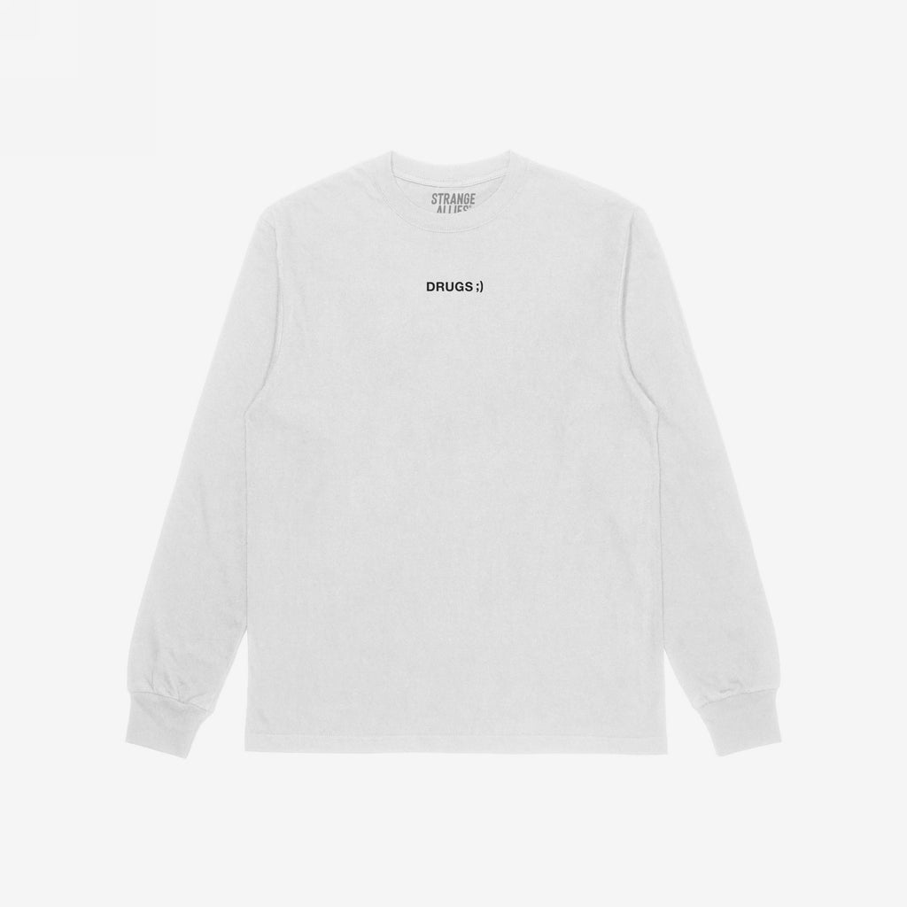 Drugs T-shirt with DRUGS ;) in black, all-caps font on the chest, embodying bold, ironic minimalism, from the brand STRANGE ALLIES. Perfect for making a statement.