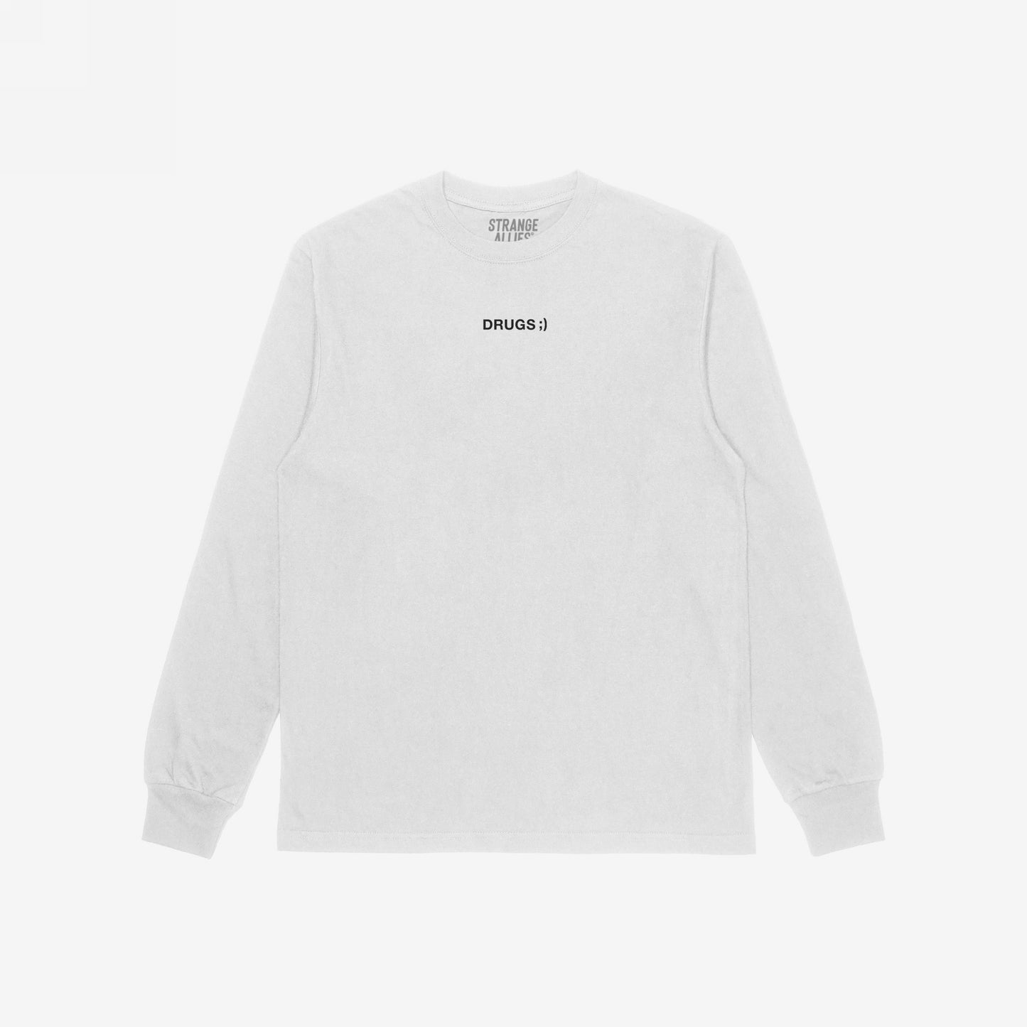 Drugs T-shirt with DRUGS ;) in black, all-caps font on the chest, embodying bold, ironic minimalism, from the brand STRANGE ALLIES. Perfect for making a statement.