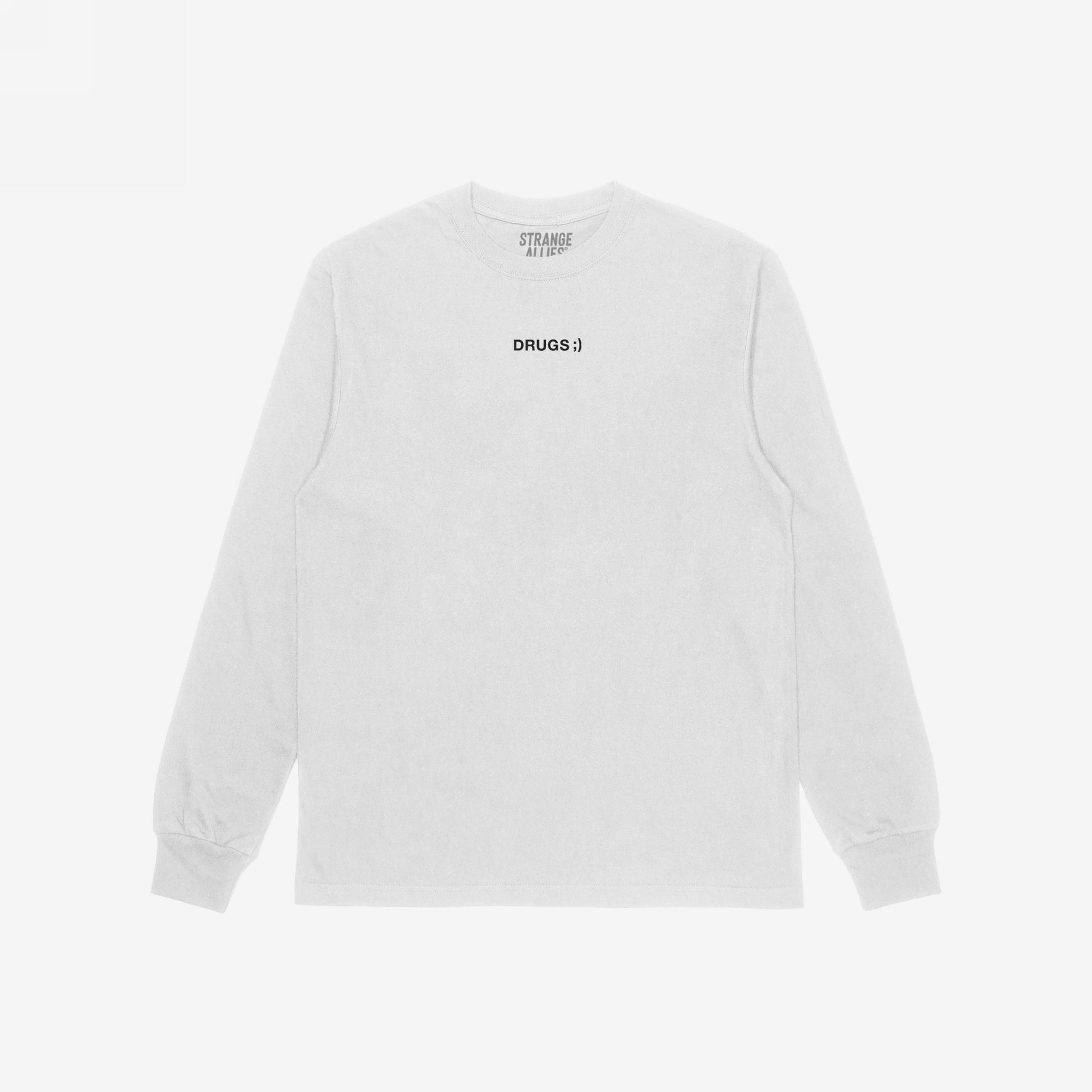 Drugs T-shirt with DRUGS ;) in black, all-caps font on the chest, embodying bold, ironic minimalism, from the brand STRANGE ALLIES. Perfect for making a statement.