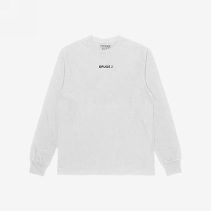 Drugs T-shirt with DRUGS ;) in black, all-caps font on the chest, embodying bold, ironic minimalism, from the brand STRANGE ALLIES. Perfect for making a statement.