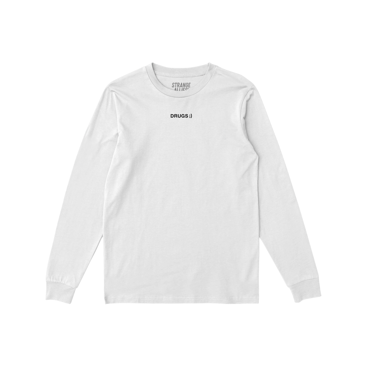 Drugs T-shirt with DRUGS ;) in black, all-caps font on the chest, embodying bold, ironic minimalism, from the brand STRANGE A