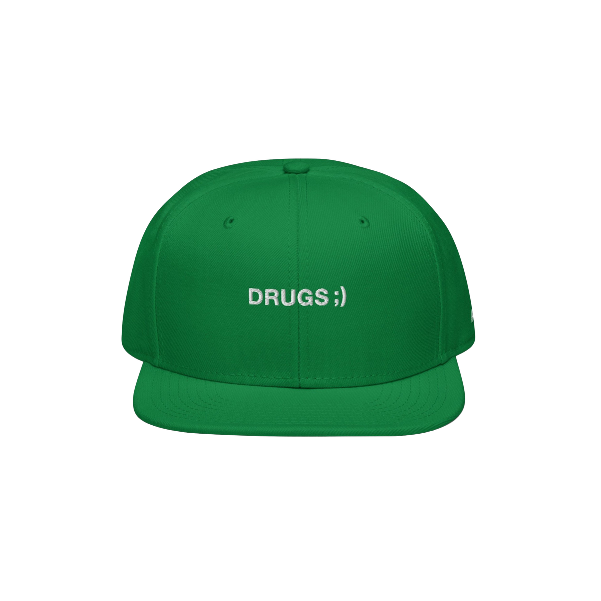 Bright green snapback cap with flat brim, featuring bold white embroidery reading “DRUGS ;)” on front. Eyelets enhance br